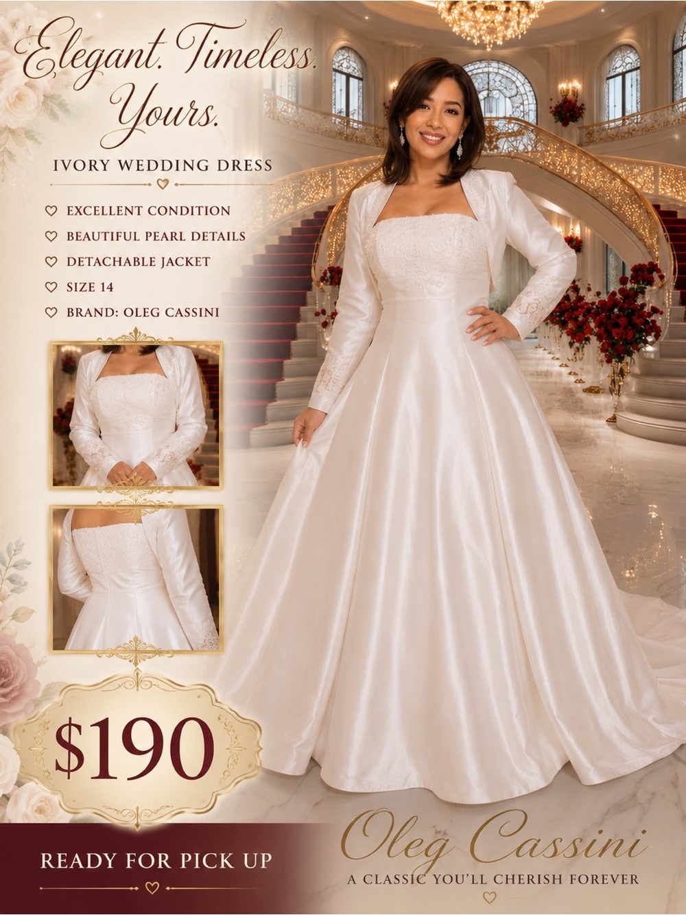 Oleg Cassini Ivory A-Line Wedding Gown with Detachable Jacket